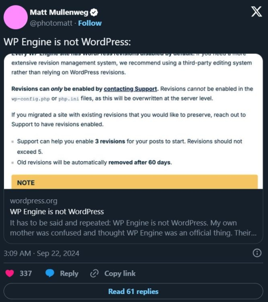 Один из основателей WordPress раскритиковал провайдера WP Engine, назвав его «раковой опухолью WordPress»